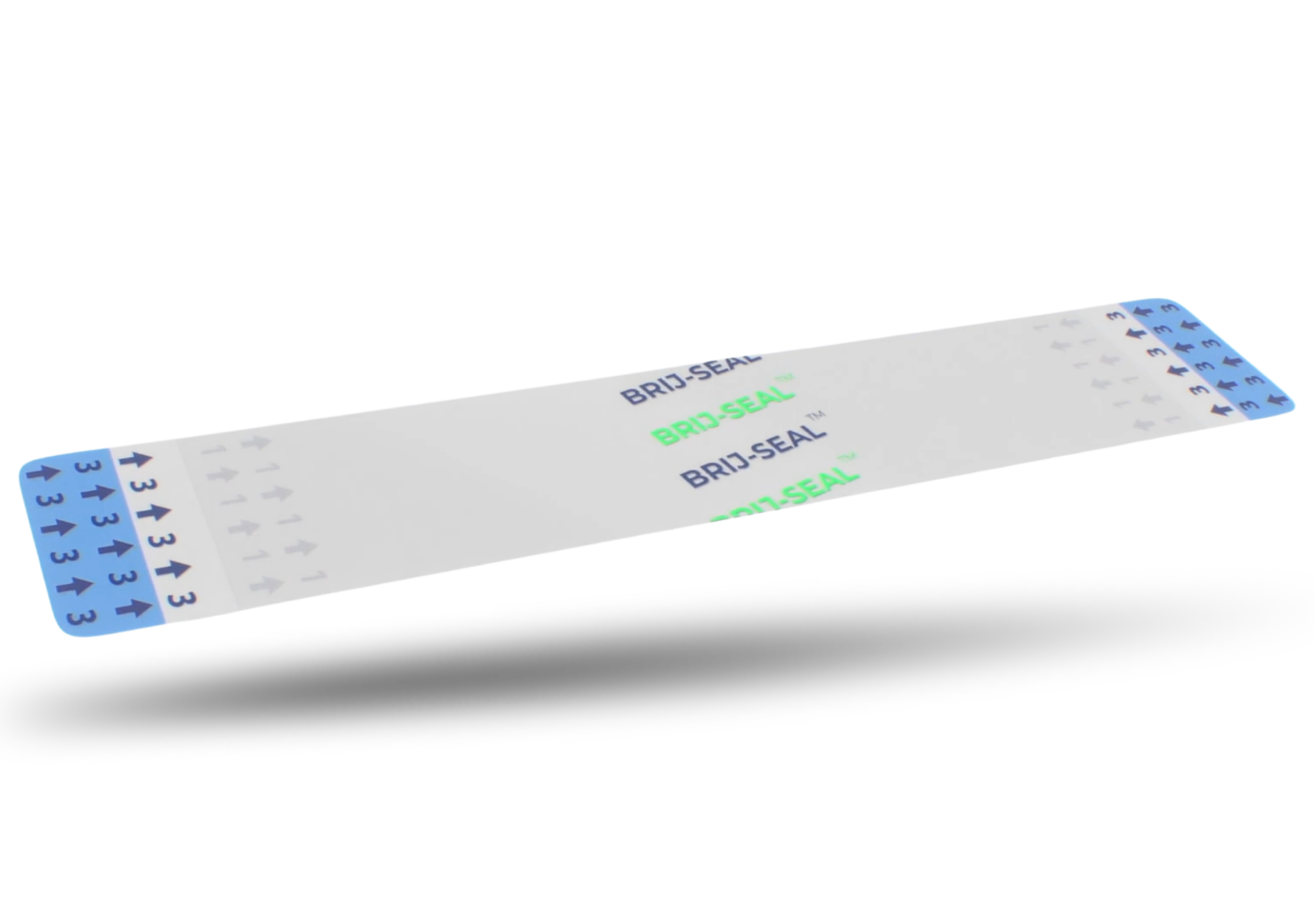 A single BRIJ-SEAL bandage strip shown floating diagonally on a white background with a soft drop shadow. The bandage is primarily white with blue printed numbers on the left end and green printed text in the center.