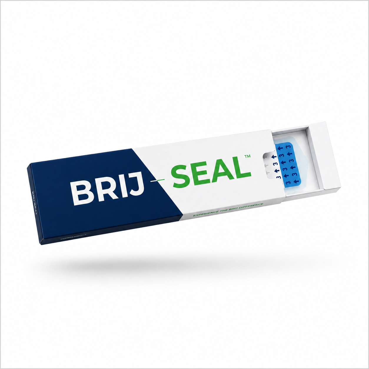 Brij Seal box with a sliding white drawer revealing a bandage, shown on a clean white background.