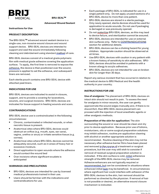 BRIJ-SEAL advanced wound sealer instructions for use by BRJ Medical.