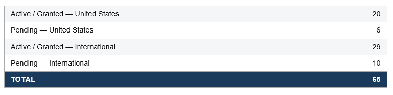 A small table with rows for Active/Granted and Pending counts for United States and International entities, plus a TOTAL of 65 in a dark blue footer row on a white background.